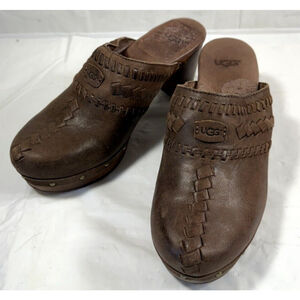 UGG Vivica 1957 Brown Leather Woven Studded Mule Clogs Y2K Size 6 shearling
